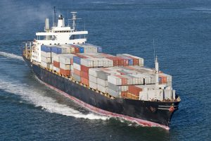 Ship with containers aerial view in San Francisco